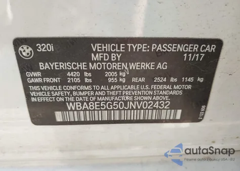 2018 BMW 320I xDrive z USA, uszkodzony, nr VIN WBA8E5G50JNV02432